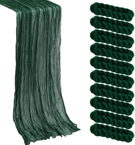 10 Pack Blackish Green Cheesecloth Table Runner -21*120Inch Long Boho Wedding Table Decor, Rustic Gauze Fabric Runner for Bridal Showers, Baby Showers & Parties (Sheer, Lightweight, Wrinkled Design) by MIRRASMIRROR