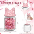 Potchen Pink Bow Candy Jars Airtight Glass Cookie Jars with Ceramic Bow Lid Cute Clear Stripes Cookie Storage Canister for Spring Summer Baby Shower Party(4 Sets,8oz) - Image 3