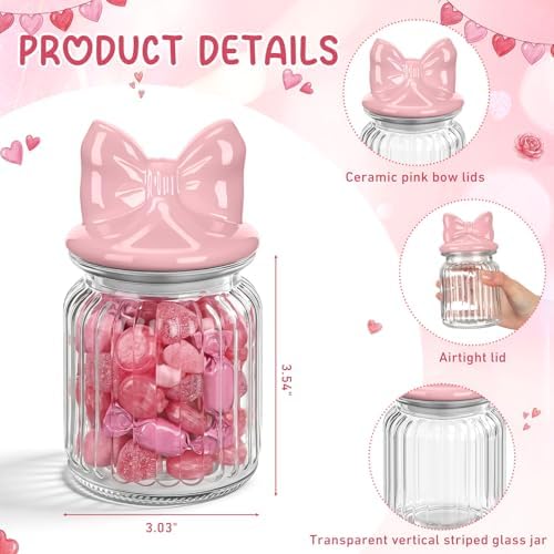 Potchen Pink Bow Candy Jars Airtight Glass Cookie Jars with Ceramic Bow Lid Cute Clear Stripes Cookie Storage Canister for Spring Summer Baby Shower Party(4 Sets,8oz) - Image 3