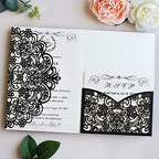 Hosmsua 5.12 x 7.2 50PCS Black Glitter Wedding Invitation Pocket with Envelopes, Laser Cut Lace Flora Invitation for Wedding Birthday Quinceanera Invite (No Inner Sheet) - Image 2