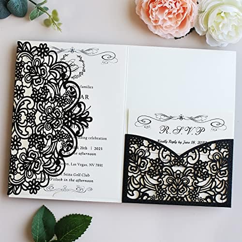 Hosmsua 5.12 x 7.2 50PCS Black Glitter Wedding Invitation Pocket with Envelopes, Laser Cut Lace Flora Invitation for Wedding Birthday Quinceanera Invite (No Inner Sheet) - Image 2