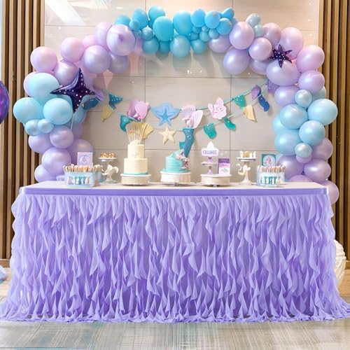 Partisky Lavender Purple Tulle Curly Willow Table Skirt for Rectangle Table 14ft, Ruffle Tutu Table Cloth for Girls Boys Baby Shower,Mermaid Birthday Party - Image 2