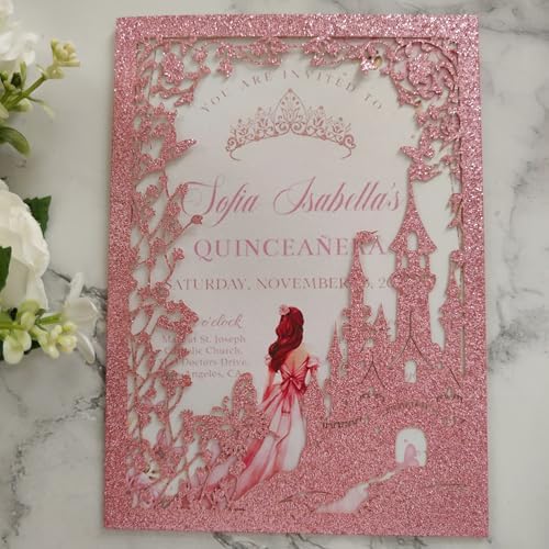 20PCS Castle Pocket Invitations, Quinceanera Invitations with Envelopes, Princess Invitation, Laser Cut quince invites (glitter pink) - Image 4