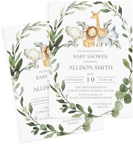 Wild One Baby Shower Invitation Set - Jungle Safari Greenery Animals Theme - Invites & Envelopes, Diaper Raffle Tickets, Book Request Cards - Gender Reveal Party Supplies, Personalized Large 5X7" by AllEwiredUp