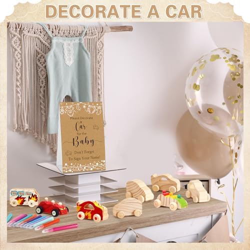 Hiboom 75 Pcs Baby Shower Wood DIY Print Car Set, Brown, Simple Drawing - Image 6