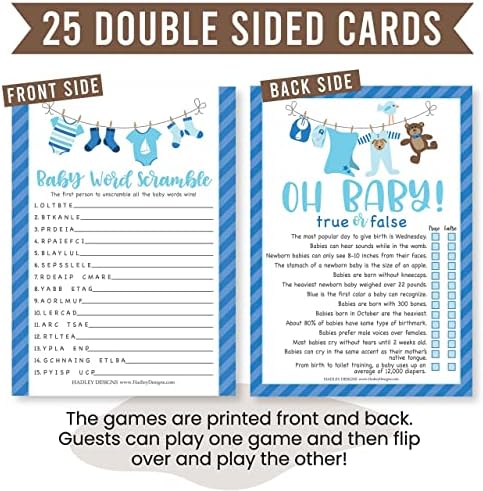 Hadley Designs 25 Blue Word Scramble for Baby Shower, 25 True Or False Game, 25 Trivia Game, 25 Find The Guest - 4 Double Sided Cards Baby Shower Ideas, Gender Reveal Games Baby Shower Games - Image 6