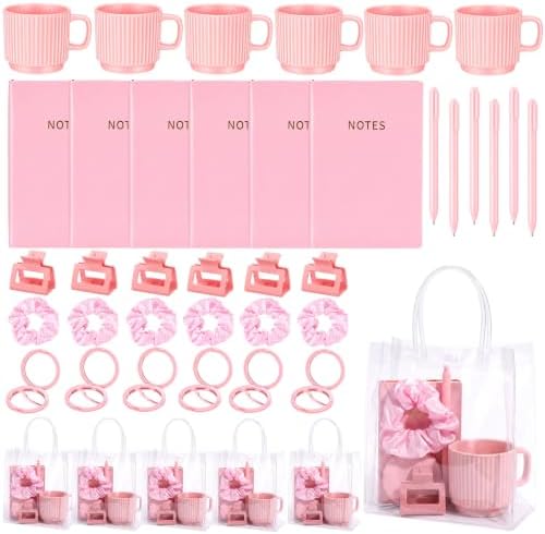 42Pcs Baby Shower Prizes for Game Winners, Baby Shower Guests Favor Set with Scrunchies Ceramic Mug Hair Claw Mirror Pen A6 Notebook Gift Bag for Wedding Bridal Showers Favor (Pink) by Acellegic
