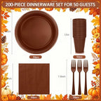 200pcs Brown Plastic Plates Party Supplies, Disposable 9’’ Dinner Plates and Napkins, Cups & Cutlery Dinnerware Set for Birthday, Baby Shower Fall, Thanksgiving Decorations, Serves 50 Guests - Image 2