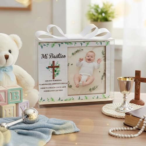 CJiangpo Spanish Baptism Picture Frame - 12 Set Catholic Mi Bautizo Gifts for Baby, Baby Shower Favor Cross Wood Photo Frame with Bows and Clear Plastic Boxes Religious First Communion keepsake - Image 5