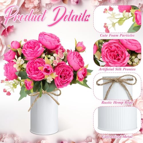 3 Sets Artificial Peonies Flower Peony Bouquet with Galvanized Metal Pot Silk Fake Peonies Faux Flower Arrangements for Wedding Table Centerpiece Party Home Room (Rose Red) - Image 3