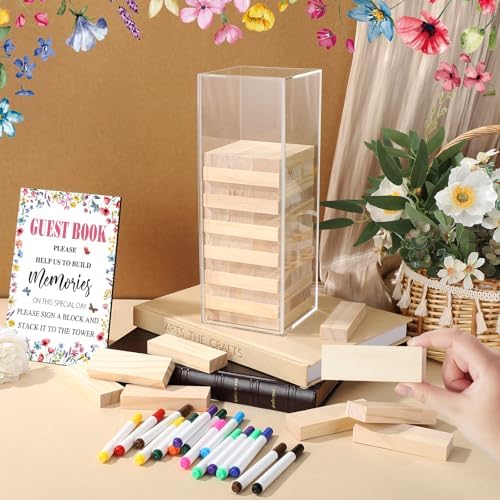 80 Wedding Guest Book Alternative tumbling tower Wooden Block, Wildflower - Image 3