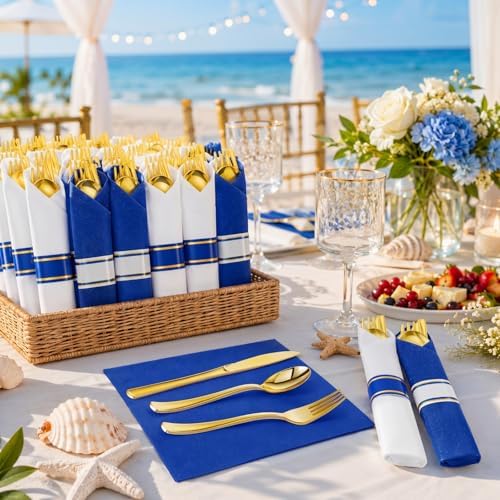 Lasnten 50 Pcs Pre-rolled Gold Cutlery Set with Napkins Navy Blue, White - Image 2