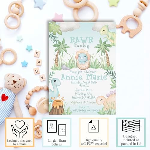 Custom Baby Shower Invites Blue Dinosaur Invitation for Boys, Pack of 20 5x7 Personalized Dinosaur Invites with Envelopes - Unique Dinosaurs Baby Shower Cards by AmandaCreation - Image 2