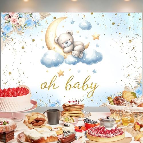 10x8FT Baby Shower Backdrop Oh Baby Sign Blue Bear Moon Star Cloud Background for Boys Girls Kids Gender Reveal Party Decorations Family Photo Booth Props - Image 3