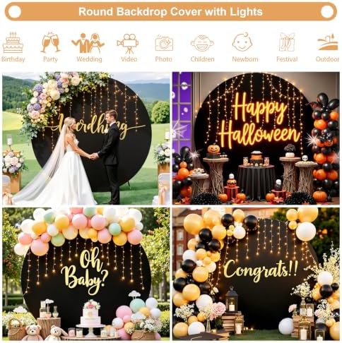 Gallety 7.2FT Black Round Backdrop Cover with String Lights, Adjustable Fit for 5FT–7.2FT Circle Arch Stands, 4 Metal Clips & 24 Clear Clips, Circle Backdrop Cover for Wedding, Birthday & Graduation - Image 3