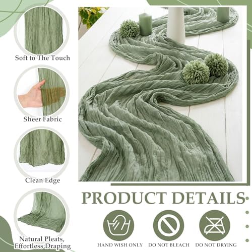 8 Pcs Sage Green and Brown Cheesecloth Table Runner 118" - Image 5