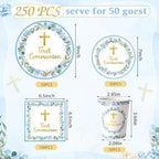 Pickmesh 250 Pcs Blue First Holy Communion Disposable Tableware Set God Bless Baptism Disposable Paper Plates Napkins and Cups for Boys Christening Celebration Baby Shower Religious Supplies Serve 50 - Image 3