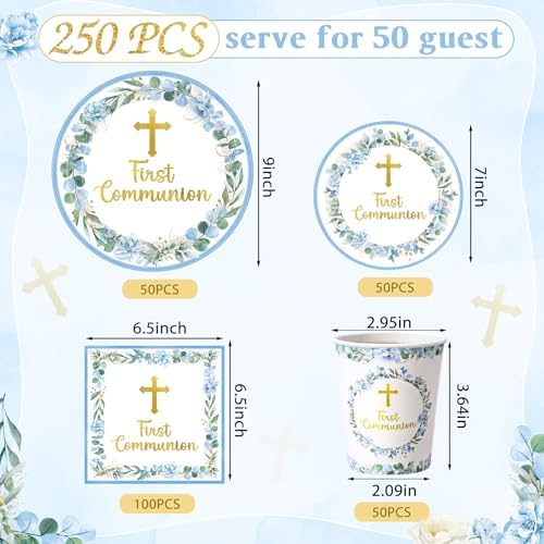 Pickmesh 250 Pcs Blue First Holy Communion Disposable Tableware Set God Bless Baptism Disposable Paper Plates Napkins and Cups for Boys Christening Celebration Baby Shower Religious Supplies Serve 50 - Image 3