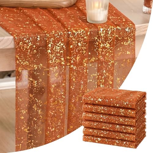 Artoid Mode 6PCS Caramel Gauze Gold Table Runner 120 Inch 10FT, Glitter Metallic Foil Sheer Dining Wedding Anniversary Holiday Table Decor for Home Party by ArtoidMode