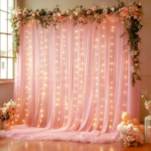 Wish Care 20x10FT Pink Wrinkle Free Backdrop Curtains with Lights String for Parties - Photo Curtain Backdrop with Lights for Wedding Decorations, Bridal Baby Shower Birthday Party Photography by WishCare