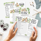 25 Woodland Who Knows Mommy Best, Baby Prediction And Advice Cards, 25 Word Scramble For Baby Shower, True Or False, 25 Trivia Baby Shower Game, Find The Guest - 6 Double Sided Cards Baby Shower Ideas - Image 2