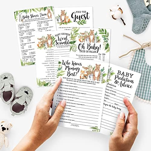 25 Woodland Who Knows Mommy Best, Baby Prediction And Advice Cards, 25 Word Scramble For Baby Shower, True Or False, 25 Trivia Baby Shower Game, Find The Guest - 6 Double Sided Cards Baby Shower Ideas - Image 2