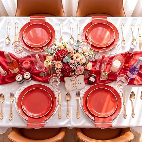 NOCCUR 350PCS Red Plastic Plates - Disposable Red Gold Dinnerware Set for 50 Guests, 100 Dinner/Dessert Plates, 150 Gold Silverware, 50 Cups&50 Napkins for Party/Wedding/Hibachi Party - Image 6