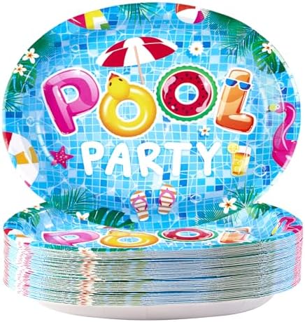50Pcs Summer Pool Oval Paper Plates 10" x 12"Large Heavy Duty Beach Ball Disposable Party Plates Pool Dessert Dinner Platters for Kids Baby Shower Birthday Hawaii Schools Out for Summer Decorations by Grencian