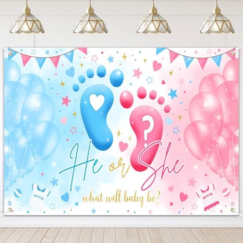 Mocsicka Gender Reveal Backdrop Blue or Pink Balloons Footprint He or She Gender Reveal Theme Banner Party Decorations Photo Booth Props (8x6ft) by Mocsicka