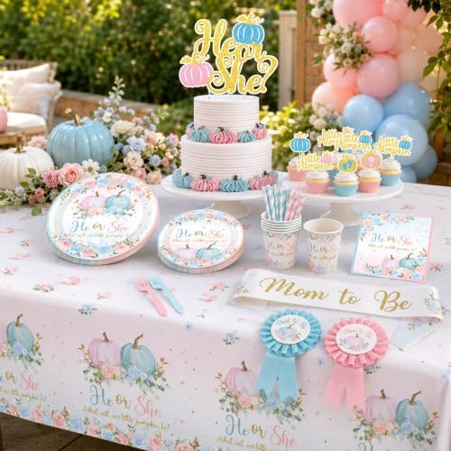 Pumpkin Gender Reveal Decorations - Fall Baby Shower Party Set With Tableware,Banner,Box,Balloon Arch What Will Our Little Pumpkin Be Decorations for Fall He or She Gender Reveal Party - Image 4