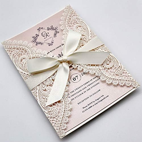 25-Pack White Lace Laser Cut Wedding Invitations with Blush Pink Shimmer Insert, Elegant Invite Cards for Wedding/Sweet Sixteen/Baby Shower/Bridal Shower/Birthday Party by PickyBride