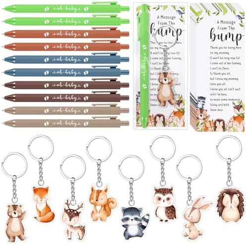 Highergo 100 Pcs Baby Shower Party Favors Bulk 50 Animal Keychains 50 Ballpoint Pens with Thank You Cards Gender Reveal Gift for Guest Baby Shower Souvenir Prize(Woodland) by Highergo