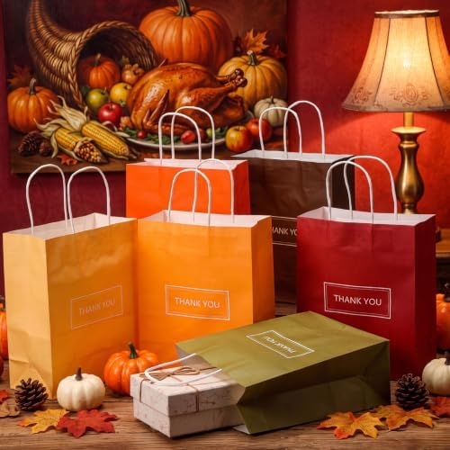 100 Pcs Thank You Paper Bags, 8 x 4 x 10 in, Handles, 6 Fall Colors - Image 6