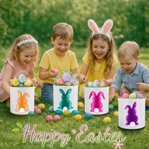 Honeydak 6 PCS Kids Basket, Colorful Sequined Bunny Canvas Bags - Image 5