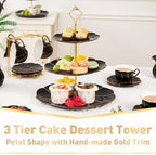DUJUST Luxury Larger 3-Tier Cupcake Stand Tower, British Style Porcelain Serving Tray with Golden Trim, Food Grade Dessert Display Stand for Tea Party & Home Décor - 45% Black Larger Plates - Image 2