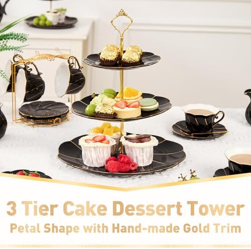 DUJUST Luxury Larger 3-Tier Cupcake Stand Tower, British Style Porcelain Serving Tray with Golden Trim, Food Grade Dessert Display Stand for Tea Party & Home Décor - 45% Black Larger Plates - Image 2