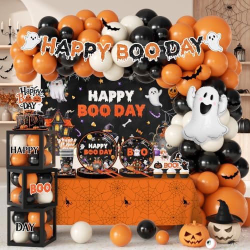 254Pcs Halloween Birthday Party Decorations, Happy Boo Day Decorations Kit with Happy Booday Banner Balloon Plates Napkins Cake Toppers and Stickers for Birthday Ghost Party by Unknown