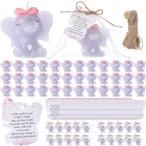 Conelist 50 Set Baby Shower Favors with Elephant Shaped Candle Favors, Thanks Cards, Organza Gift Bags Baby Shower Favors Bulk for Gender Reveal Party Guests Return Gift Boys Girls Birthday (Pink) by Conelist
