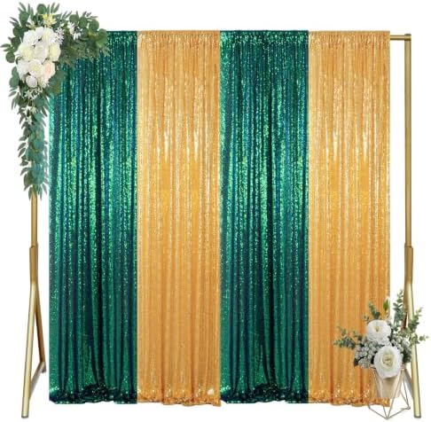 ShinyBeauty Gold Sequin Backdrop Curtain 4 Panels Iridescent Green - Image 6