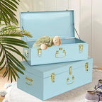 Vixdonos Metal Trunk Decorative Storage Box Set of 2 College Dorm Chest with Handle (Light Blue) - Image 5