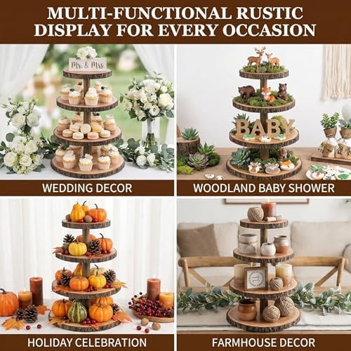 SENMUT 4 Tier Rustic Wood Cupcake Stand with Natural Bark, Varnish Finish, for Wedding, Birthday, Farmhouse Party - Image 2