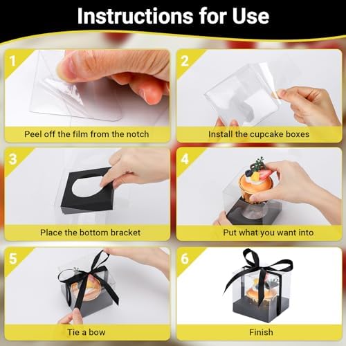 EUSOAR Black Cupcake Containers, 100pcs 3.5 Inch Individual Cupcake Wrappers Cupcake Holder, Single Display Plastic Cupcake Carrier with Ribbon and Inserts for Wedding Birthday Party Favor - Image 4