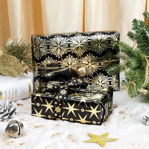WRAPAHOLIC 30 Inch Christmas Wrapping Paper Roll - Jumbo Roll Black Gold Christmas Sleigh Holiday Design with Metallic Foil Shine - 4 Rolls - 30 Inch x 120 Inch Per Roll - Image 6