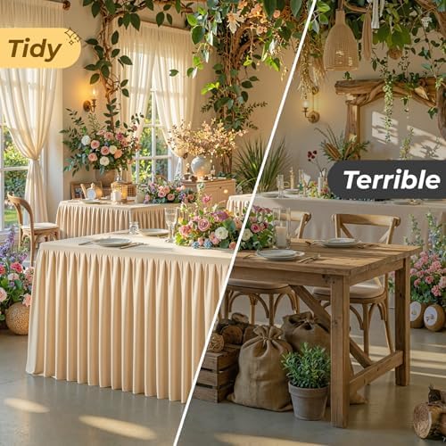 Dark Champagne Polyester Table Cloths for Rectangle 8 Foot Tables, 6 Pack Wrinkle Free Tablecloths Stretchy Banquet Ruffle Fitted Table Cover Desk Skirt for Parties Wedding Birthday Baby Shower - Image 6