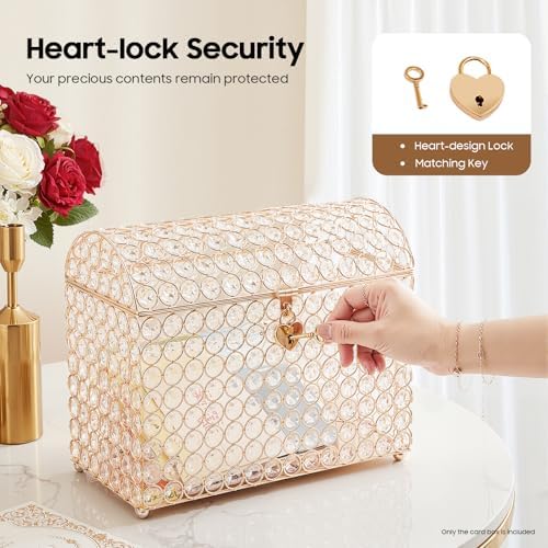 Glass Wedding Card Box with Slot and Lock, 12.2'' Gold Decorative Card Holder Reusable Keepsake Storage 4 Rounded Steel Balls for Wedding, Party, Baby Showers, Tabletop Decor - Image 2
