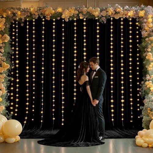 30 x 10ft Black Backdrop Curtains with Lights String for Party - Image 2