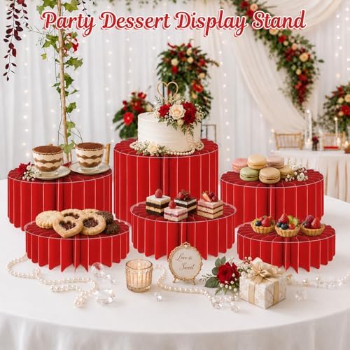 6Pcs Buffet Risers, Food Risers for Table, Foldable Cake Display Stands, Tall Cardboard Cupcakes Stand for Show Catering Desserts Jewelry Wedding Birthday Party Decoration (Glitter Red) - Image 7