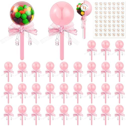 30 Pcs Rattle Party Favors Shower Bottles with Bow Crystal Bear Pacifier Ornament Pink Fillable Rattle Plastic Candy Bottle and 56 Thank You Label Stickers for Birthday Gift Decoration by Yinkin