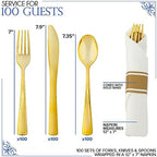 400 Pieces Pre Rolled Gold Plastic Cutlery Set, Individually Wrapped Plastic Silverware Set with 100 Forks, 100 Knives, 100 Spoons, 100 Napkins, Utensils for Weddings, Service for 100 Guests - Image 2
