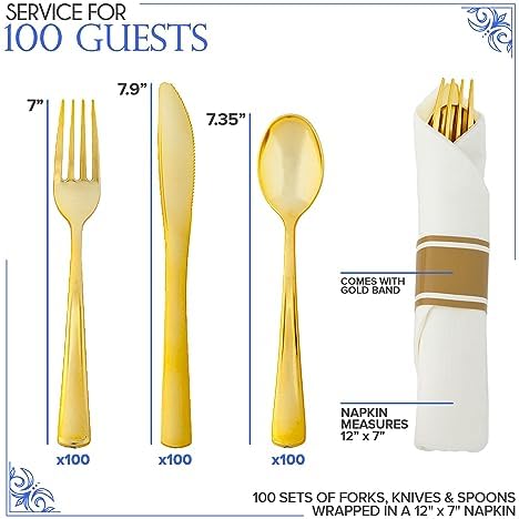 400 Pieces Pre Rolled Gold Plastic Cutlery Set, Individually Wrapped Plastic Silverware Set with 100 Forks, 100 Knives, 100 Spoons, 100 Napkins, Utensils for Weddings, Service for 100 Guests - Image 2
